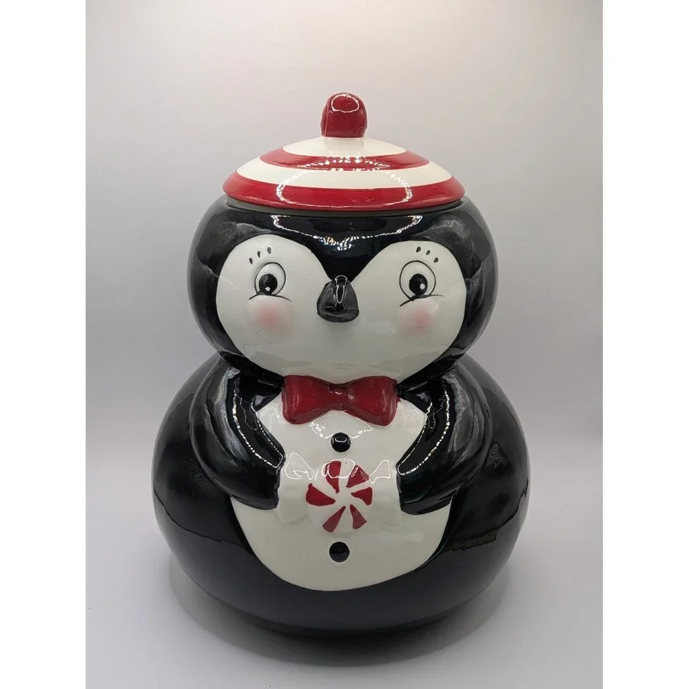 Johanna Parker Carnival Cottage PEPPERMINT PENGUIN Ceramic Cookie Jar Canister